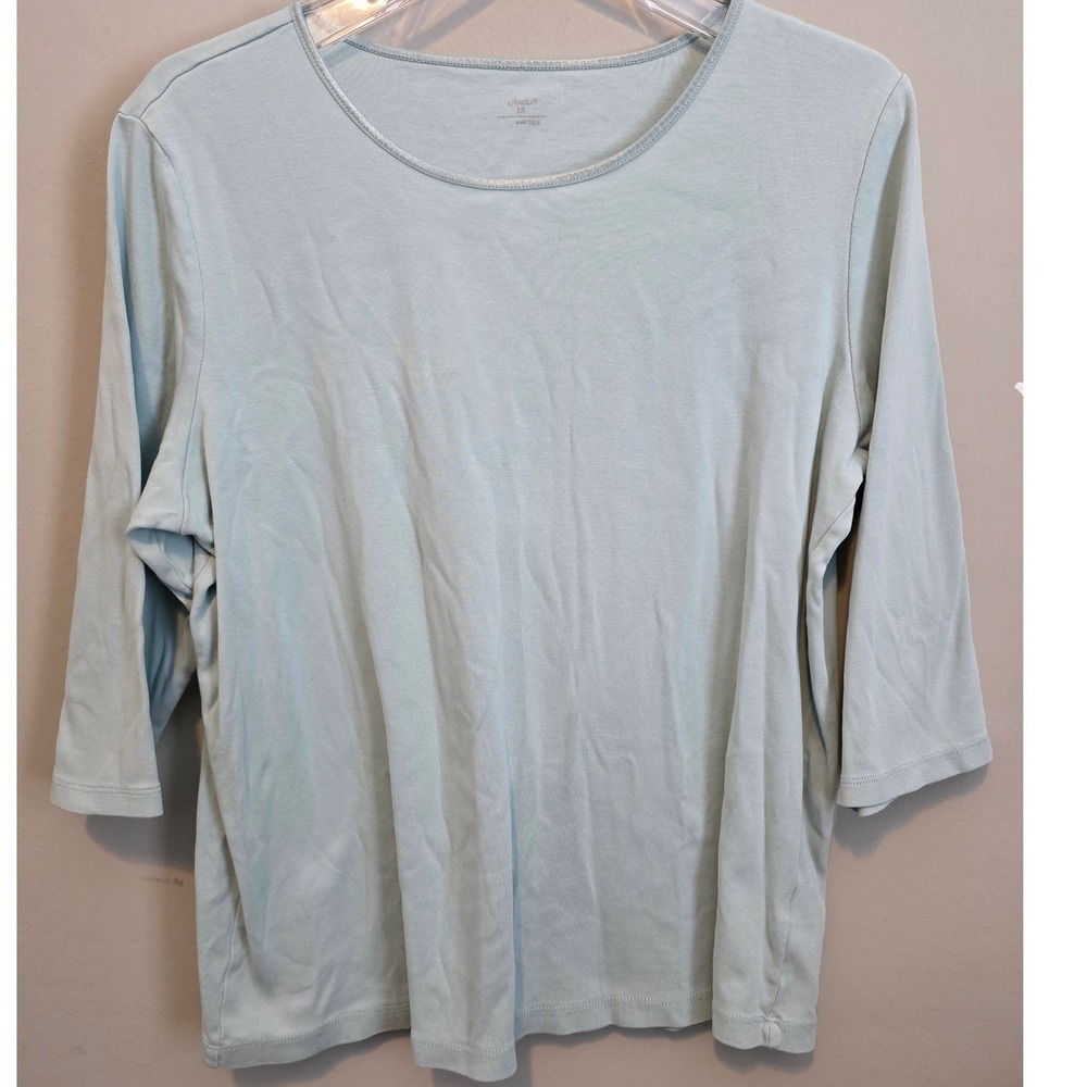 CJ Banks Women 1X Light Blue 100% Cotton 3/4 Sleeve Scoop Neck T-Shirt Top Beach